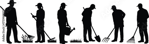 Garden workers using tools silhouette scene, people gardening with rakes and shovels, teamwork in nature, farming activity, cad drawing flat vector illustration, outdoor landscape maintenance
