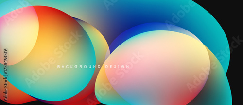 Abstract colorful shapes overlap, creating dynamic visual effect. Gradient hues blend smoothly, forming modern background design.