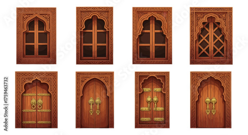 Collection of intricately carved wooden doors and arched windows in traditional Indian architectural style