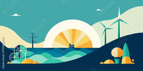 Coastal Landscape With Wind Turbines And Sunrise sunset