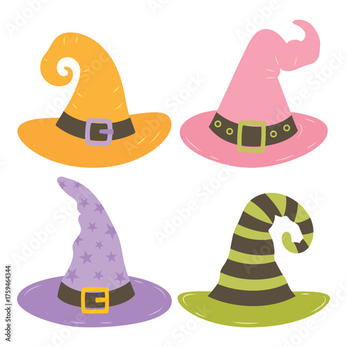 set of witch hats, flat style