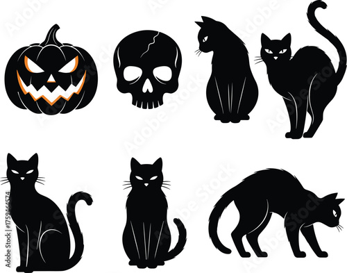 Compilation of Halloween silhouettes: glowing jack o lantern, menacing skull, and array of black cats in various positions