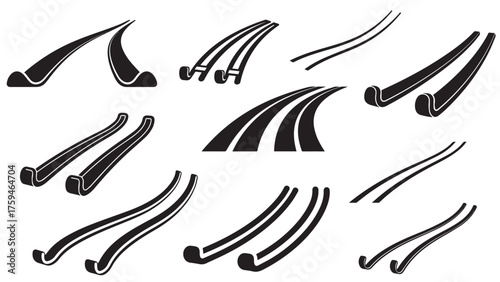 Sleigh Track silhouette with two parallel runner marks curving, minimal black winter path icon for snow sports, downhill fun, and motion graphics