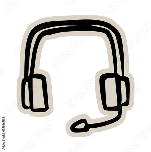 Headset with boom microphone doodle sticker icon: hand drawn illustration of audio equipment for call center, gaming, and podcasting design
