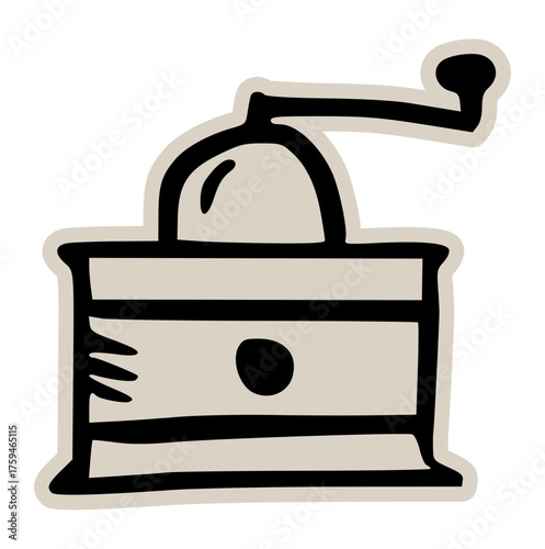 Manual hand coffee grinder doodle sticker icon: hand drawn illustration of barista equipment for fresh ground coffee and cafe design