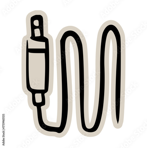 Audio jack cable doodle sticker icon: hand drawn illustration of music wire for connectivity, sound system, and live concert design