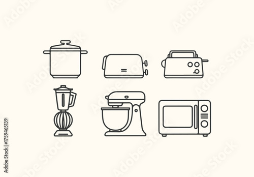 Vector art of collection of kitchen appliances icons including a pot, toaster, blender, mixer, and microwave, isolated on a light background