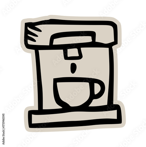 Automatic coffee maker machine doodle sticker icon: hand drawn illustration of home kitchen equipment for fresh brewed drip coffee design