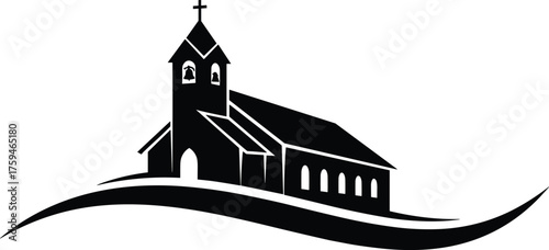 Church building silhouette, Christian chapel architecture, religious worship place, sacred temple symbol, faith and spirituality design, black and white artwork, CAD drawing flat vector illustration
