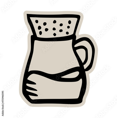 Pour over coffee maker doodle sticker icon: hand drawn illustration of drip brewing filter cone for cafe, barista, and fresh morning design