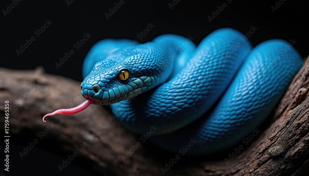 Obraz premium Blue pit viper rests on branch with tongue sticking out. Closeup portrait snake with scales on black background. Exotic poisonous reptile crawls on wood. Macro eye observes wild animal.