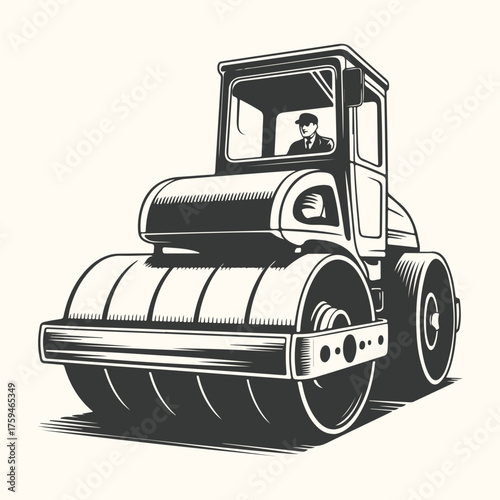Vector art of vintage illustration of a road roller with a driver inside, isolated on a light background