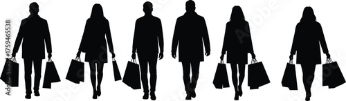 Group of people walking with shopping bags silhouette, modern lifestyle concept, business and fashion theme, retail consumer illustration, CAD drawing flat vector illustration, urban shoppers artwork,