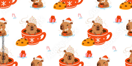 Seamless Christmas pattern with Cute cartoon capybaras. Hand drawn vector illustration. Funny animal background. Naive childish design. Cool comic character, kids poster, card, social media banner.