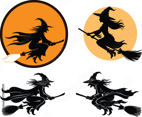 Witch Flying Broom Silhouette Moon Halloween Night Black Figures on Transparent Background Set