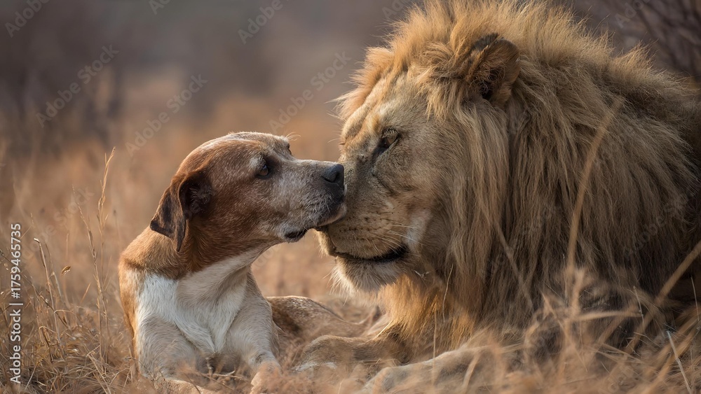 Naklejka premium lion playing with dog