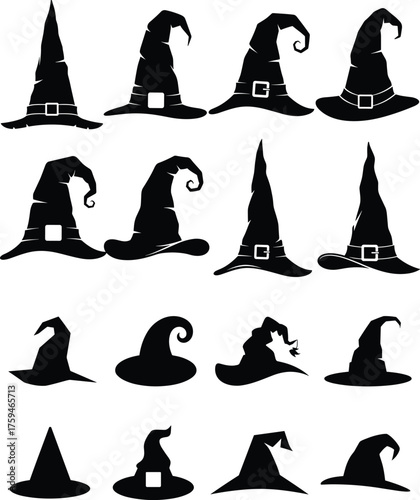 Witch Hat Silhouettes Halloween Costume Accessory Black Different Styles Isolated Transparent Background Collection