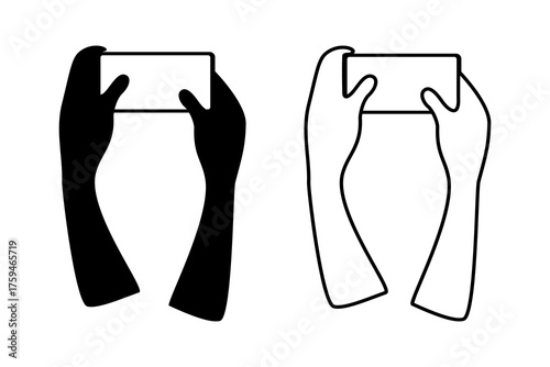 Hand holding smartphone icon, Mobile phone in hand icon, Phone screen mockup, Linear style and black silhouette. Flat vector illustration design isolated on white background.