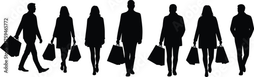 Group of people shopping silhouette, walking with bags illustration, modern lifestyle concept, retail consumer behavior, business fashion scene, CAD drawing flat vector illustration