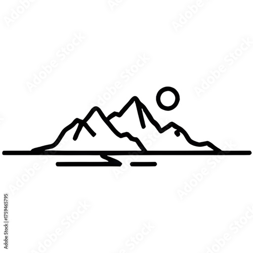 Mountain silhouette as a single, sweeping continuous line, with only a small circle for the sun, minimal line art vector
