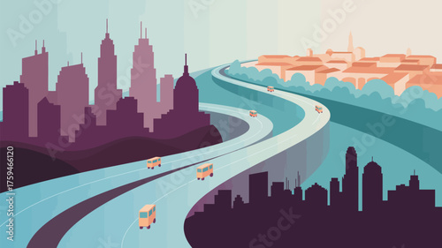 Illustrated city landscape with elevated road and buses going between two urban areas scene is stylized