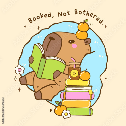 Cute Capybara Readign Book TBR Vibe sit on Bean Bag with Stack books, Animal Bookish Cartoon Hand Drawn Illustration