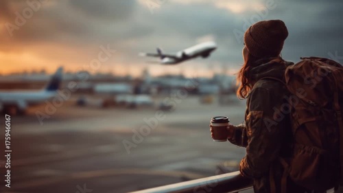 Woman watches airplane taking off at sunset with travel backpack