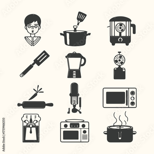 Vector art of collection of kitchen appliances and cooking utensils, isolated on a light background