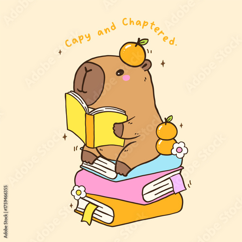 Cute Capybara Readign Book TBR Vibe sit on Stack books, Animal Bookish Cartoon Hand Drawn Illustration