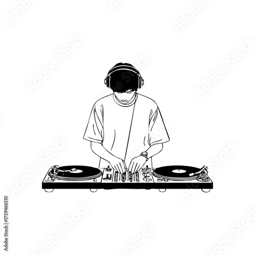 Young DJ creating beats on turntables, showcasing focus, creativity, and the art of mixing vinyl music in a modern style.