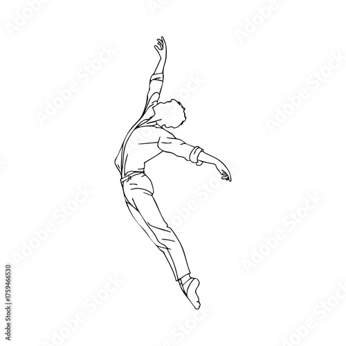 Elegant line art of a male dancer performing a graceful jump, symbolizing artistic expression, movement, and freedom through contemporary dance.