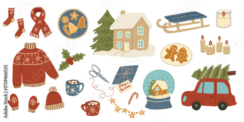 Set with cozy winter elements. llustration for Christmas time.