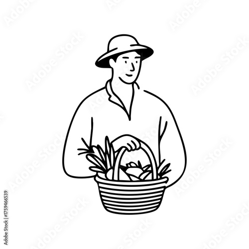 Farmer holding a basket filled with fresh vegetables, representing organic farming, harvest, and healthy local produce.