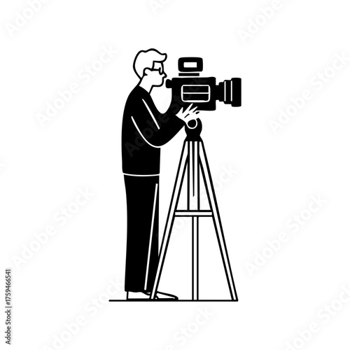 A professional cameraman filming a scene with a tripod-mounted video camera, symbolizing media production, creativity, and cinematography work.