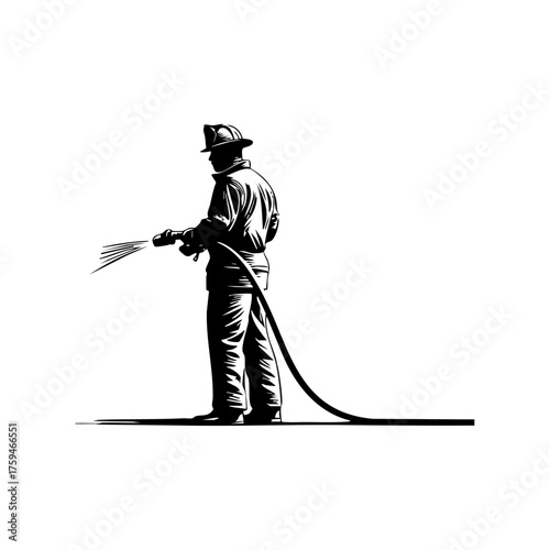 Firefighter spraying water from hose, symbolizing courage, teamwork, and dedication to extinguishing fires and protecting lives.