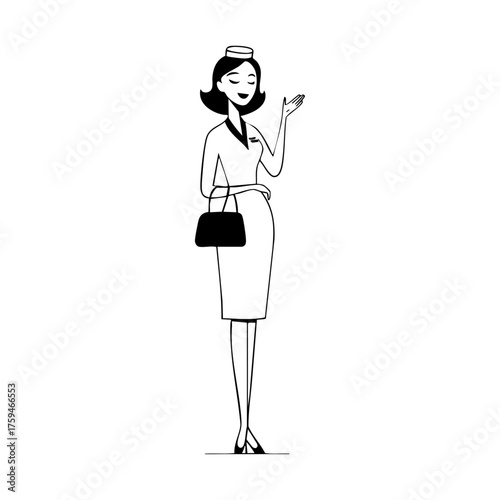Flight attendant with handbag greeting passengers, symbolizing elegance, professionalism, and care in air travel service.