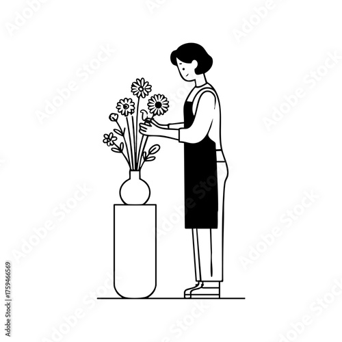 A florist arranging a bouquet of flowers in a vase, representing creativity, nature, and floral design work.