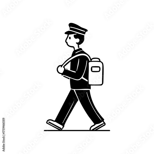 Mail carrier walking with a mailbag, representing postal service, delivery, and communication.