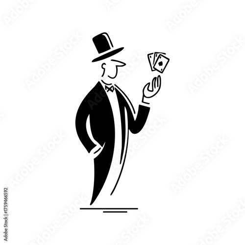 Man in a tuxedo and top hat performing a card trick, symbolizing a magician or entertainer.