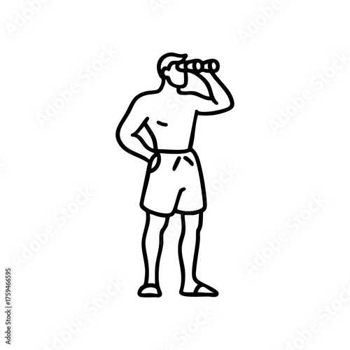 Man wearing swim trunks looking through binoculars, representing a lifeguard or beach watcher observing the coast.