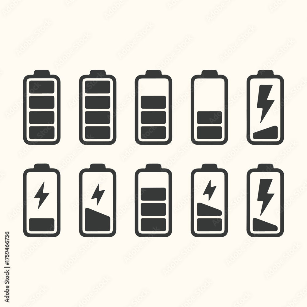 Fototapeta premium Vector art of set of battery charge level icons showing different levels of power from full to empty