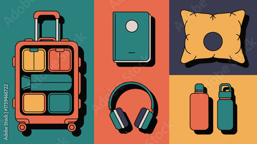 A suitcase packed with travel essentials including a pillow headphones and water bottles for a trip