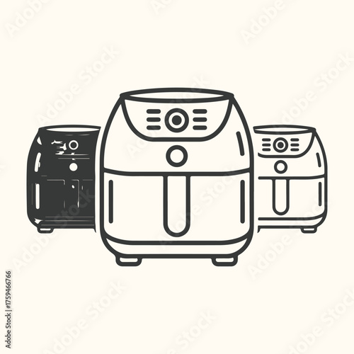 Vector art of three air fryers in a row, one black and two white, line art illustration