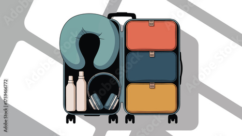 Open suitcase packed with travel essentials including pillow bottles and headphones ready for a trip