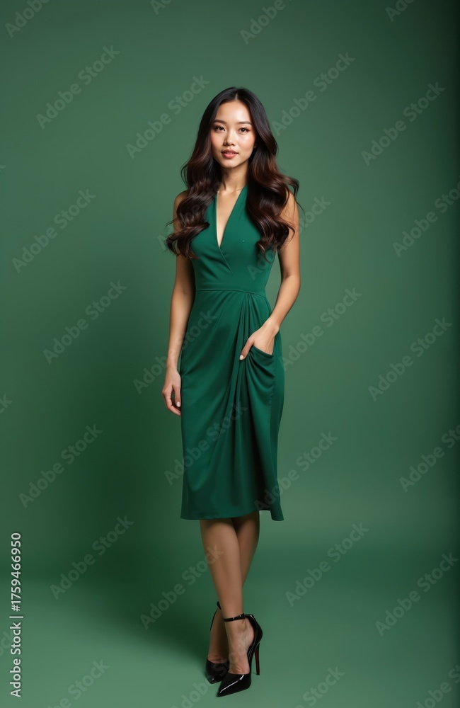 Fototapeta premium Young asian woman poses in green dress on background. Girl looks at camera with smile. Female model in elegant midi gown and high heels in studio. Beauty fashion style.