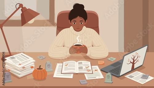 Woman enjoying hot drink at cozy autumnthemed desk working or studying for fallHalloween