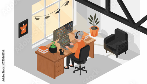 Senior woman programming with dual monitors at a festive Halloween home office focused on coding