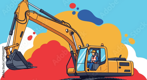Worker operates heavy excavator against a vibrant abstract background symbolizing industry and progress