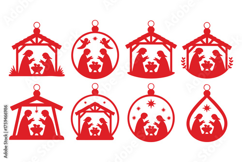 Nativity Scene Christmas Ornaments Silhouettes Set, vector, illustration