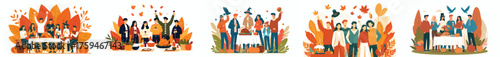 vector of a group of friends celebrating thanksgiving dinner